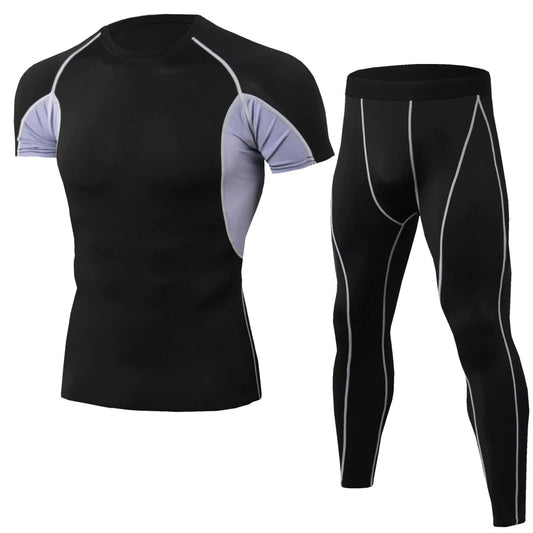 Generic Men's Tops Pants Men's Four Seasons Gym Quick Dry Compression Shirt Men's Running Tights Cycling Running Suit (Color: Black, Size: L)