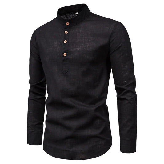 Men's Cotton Linen Long Sleeve Stand Collar Slim Fit Shirt