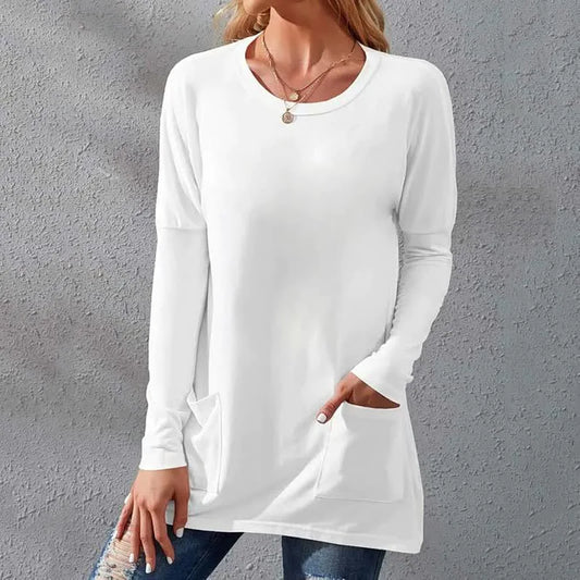 Solid Color Long-sleeved Loose-fit Round Neckline Pocket T-shirt