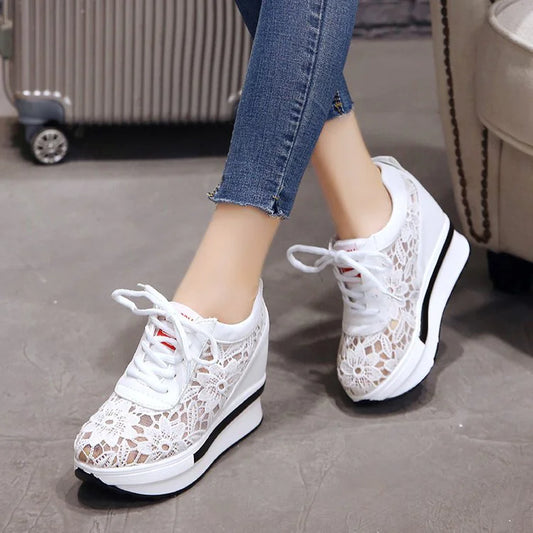 Hot Sales New Lace Breathable Sneakers Women Shoes Comfortable Casual Woman Platform Wedge Shoes