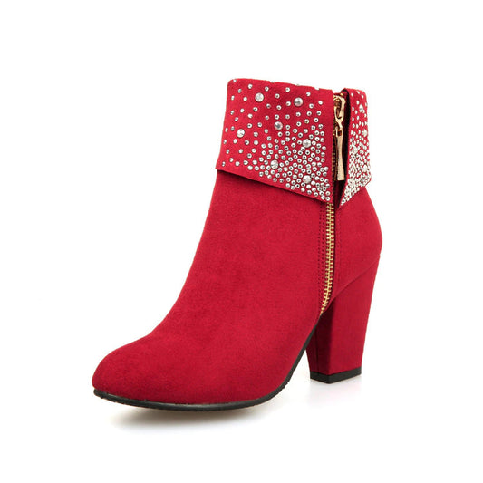 Gyouanime Heeled Ankle Boots for Women Elegant Dressy Shoes Chunky Heels Fashion Rhinestone Shiny High Heels Winter Women
