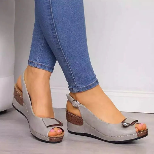 Fashion Flat Wedge Heel Fish Mouth Sandals Women Buckle Casual Shoes