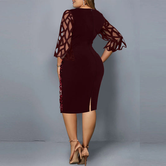 Fashion Women Elegant Solid Splicing Sequin Dress
