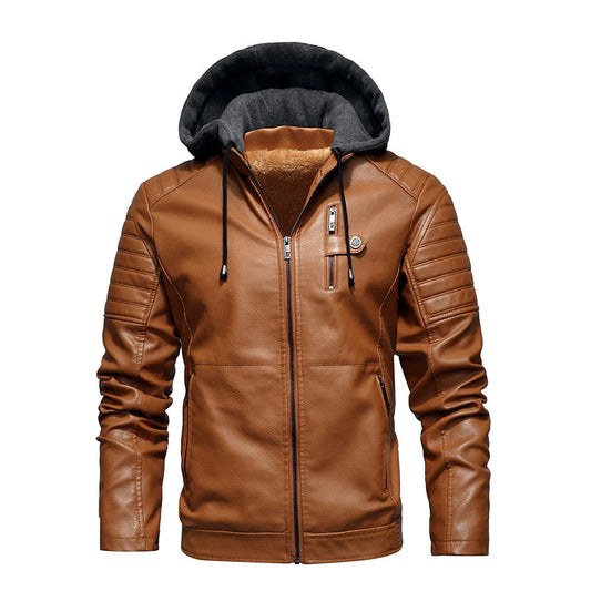 Autumn Winter Leather Jacket Men's Pu Imitation Leather Leather Jacket Youth Men's Motorcycle Coat With Fleece Hooded