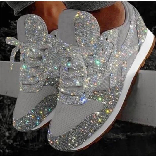 Women Lace Up Sneakers Glitter Autumn Flat Vulcanized Shoes Ladies Bling Casual Fashion Platform Loafers