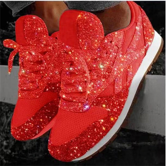 Women Lace Up Sneakers Glitter Autumn Flat Vulcanized Shoes Ladies Bling Casual Fashion Platform Loafers