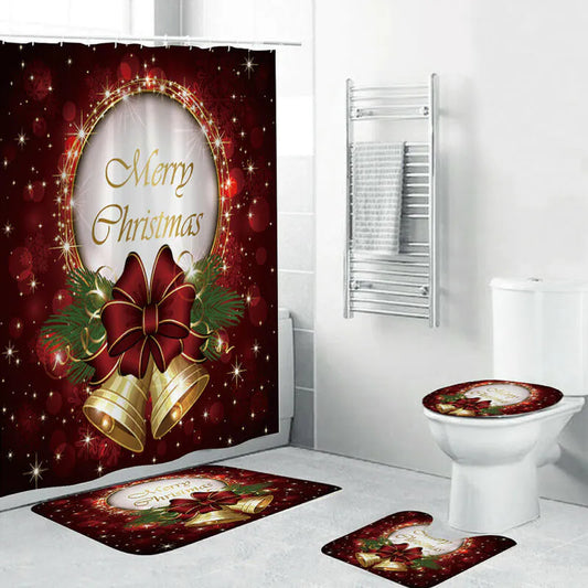 Christmas Shower Curtain Set,Bathroom Mat Non Slip,Polyester Durable Waterproof Shower Curtain with 12 Hooks