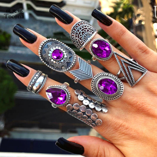 Tocona 9pcs/sets Purple Rhinestone Vintage Silver Color Rings for Women Flowers Geometry Bohemian Jewelry Ring Wedding 8261