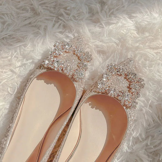 Rhinestone Pearl Pointed Toe Flat Shoes Women's High Low Heel Shallow Mouth Crystal Sequins Single Shoes