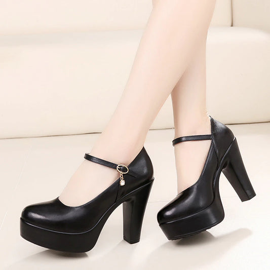 Genuine leather Round Shallow mouth centimeter High heels High-heeled shoes Rough waterproof PlatformHeight female
