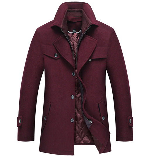 Men's Double Collar Woolen Cloth Cotton-padded Thick Plain Woolen Cloth Overcoat