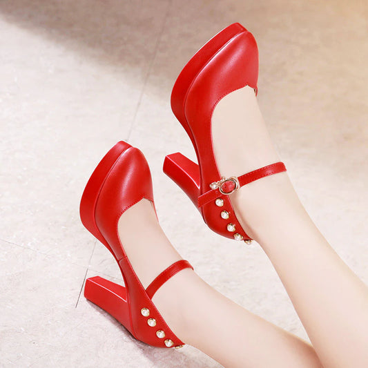 Pearl Platform Pumps Women Shoes Leather Block Heels Autumn High Heel Shoes Ladies Red White Silver Wedding Shoe