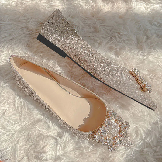 Rhinestone Pearl Pointed Toe Flat Shoes Women's High Low Heel Shallow Mouth Crystal Sequins Single Shoes