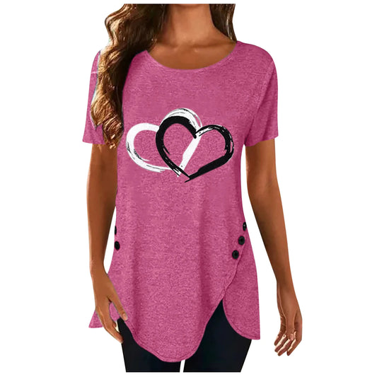 Spring Peach Heart Printed Round Neck Pullover Irregular Hem Short Sleeve T-Shirt in Multiple Colors and Sizes