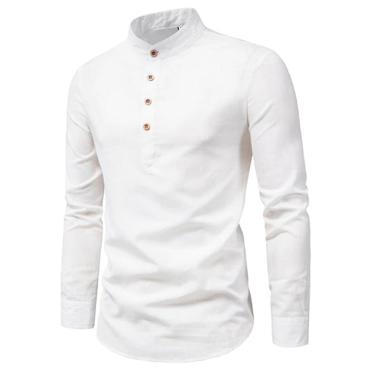 Men's Cotton Linen Long Sleeve Stand Collar Slim Fit Shirt