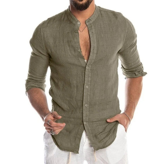 Best Selling Autumn Winter V-neck Linen New Arrived Cardigan Stand Collar Long sleeve Male Shirt