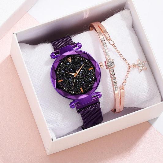 Elegant Women's Quartz Watch with Crystal and Starry Sky
