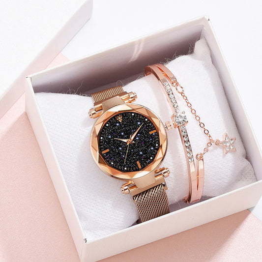 Elegant Women's Quartz Watch with Crystal and Starry Sky