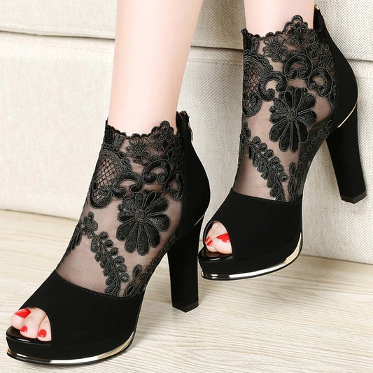 Summer Peep-toe Pumps Sandals Springtime New Style All-fitting Gauze Chunky High Heels Women's Shoes