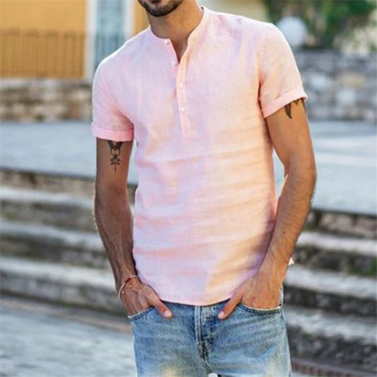 Men's Casual Cotton Linen Shirt Short Sleeve Summer Button-Down Shirts for Men - ping