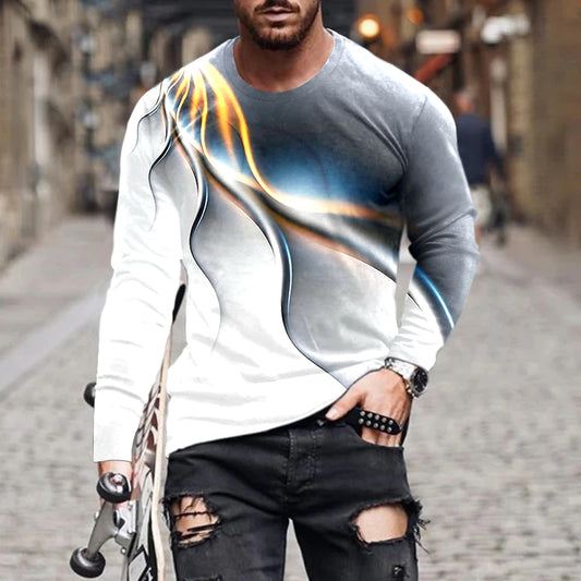 European and American popular men's leisure sports 3D digital printing T-shirt Street trend 3D printing long sleeve T-shirt s-6x