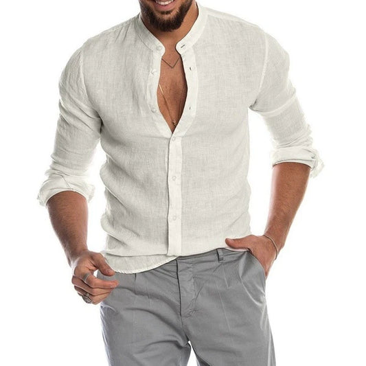 Best Selling Autumn Winter V-neck Linen New Arrived Cardigan Stand Collar Long sleeve Male Shirt