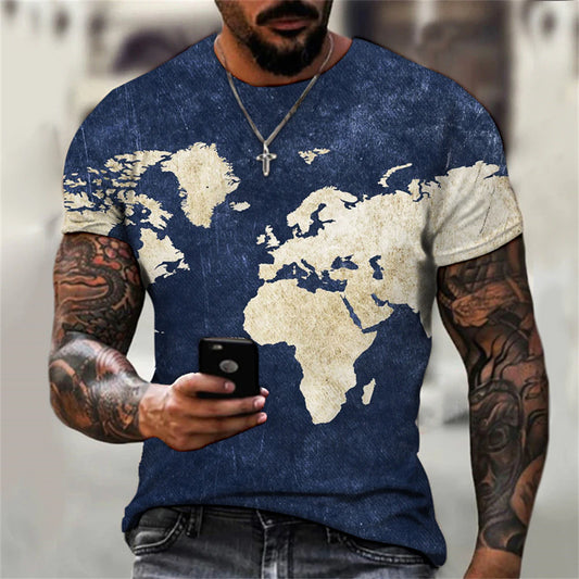 Men Summer Europe and United States Trend New Round Collar  Hundred T-shirt Map Custom 3d Print Short Sleeve