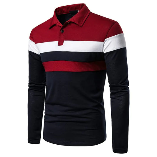 HOOD CREW Mens Casual Long Sleeve Polo Shirts Contrast Color Patchwork Cotton Tee Tops