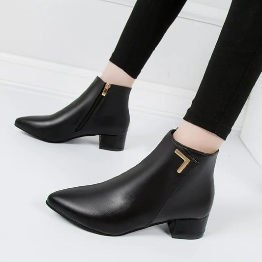 Fashion Simple Mid Heel Ankle Boots Chunky Heel Pointed-toe Boots