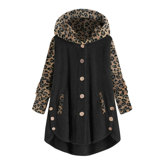 Cross-Autumn and Winter Style Buttons Long Sleeve Leopard Stitching Women's Hooded Plush Coat
