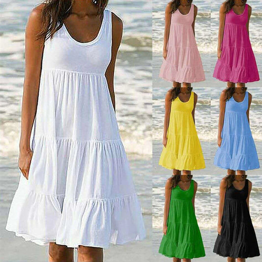 Summer Dress White Dress Women Fashion Casual Large Size Dresses Sleeveless Solid Color Loose Beach Dress.