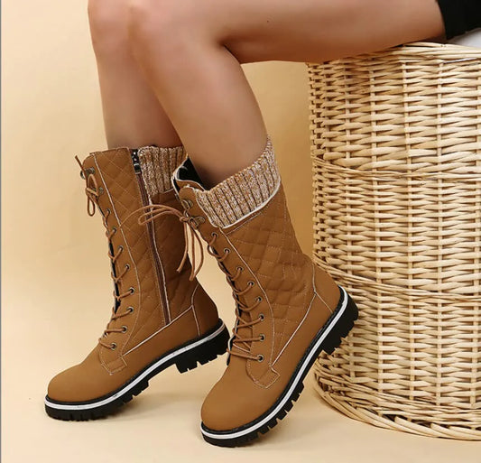 Chunky Heel Round-Toe Lace-up Spliced Long Boots Cowboy Boots