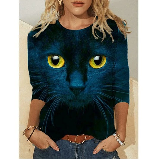 Cat Print Round Neck Long Sleeve Women's T-shirts