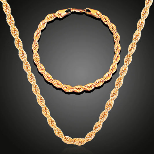 18K Gold Plated Jewelry Sets For Men and Women - 4mm Twisted Chain Necklace & Bracelet 2-Piece Jewelry Set - Accessories Bijoux Gifts