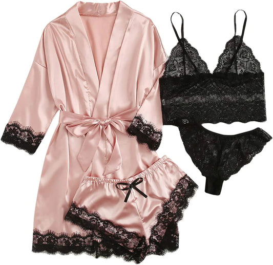 Floral Lace Satin Pajama Set with Robe