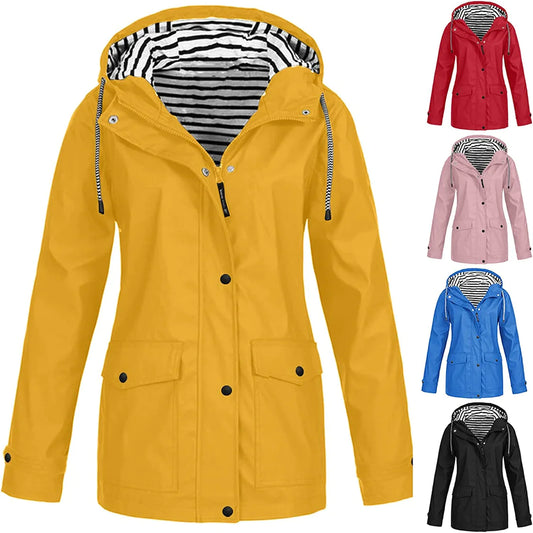 Fall Winter Jackets for Women Plus Size Hooded Trendy Solid Rain Jacket Casual Drawstring Tops with Pockets