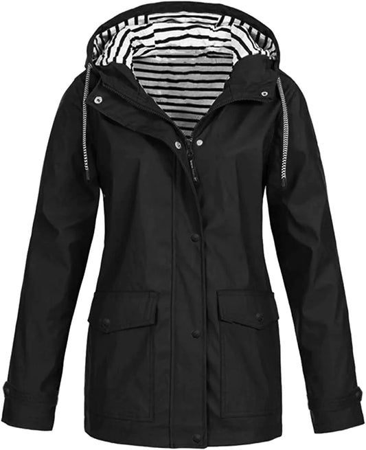 Fall Winter Jackets for Women Plus Size Hooded Trendy Solid Rain Jacket Casual Drawstring Tops with Pockets
