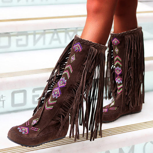Women's Mid-Calf Boots Embroidered Fringed Booties Winter Flats Suede Long Snow Boots