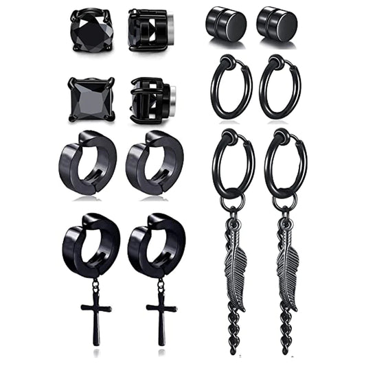 7 Pairs Magnetic Stainless Steel CZ Clip-on Earrings Non-pierced Huggie Cross Feather Hinge Earring Set Neutral Black