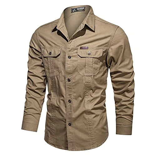 Men's Military Style Long Sleeve Cotton Shirt, Plus Sizes, Washed Floral Autumn Outdoor Shirts