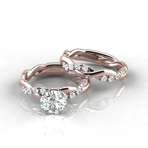 Twist Diamond Ring Set - Fashion Twisted Diamond Studded Engagement Wedding Rings