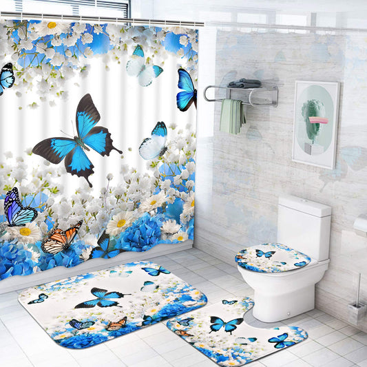 Flower Butterfly Shower Curtain Set with Non-Slip Rug, Toilet Lid Cover and Bath Mat, Colorful Floral Shower Curtain with Butterflies