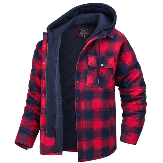 Men's Thickened Cotton Plaid Long Sleeve Loose Hooded Jacket Coat LC