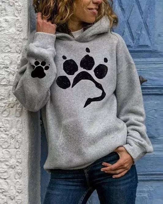 Women's Dog Paw Printing Long Sleeve Hoodie Animals Sweatshirt Hooded Pullover Tops Blouse Cute for Teen Girls