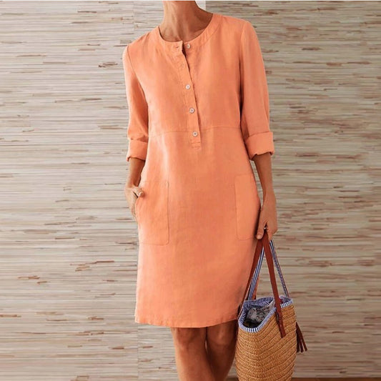 Akivide Women Cotton and Linen Shirt Dress Neck Long Sleeve Casual Loose Maxi Dresses with Two Pockets Medium Orange