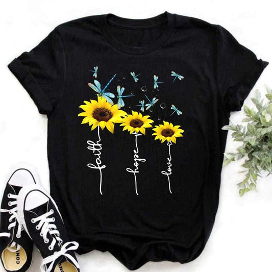 Maycaur New Sunflower with Dragonfly Women T-shirt Harajuku Short Sleeve Black T-shirts Cartoon Casual Woman Tops Tees Clothes