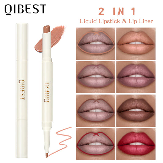 QIBEST Rotating Dual Tip Lipstick Lip Liner Matte Nourishing Matte Non-Fading Non-Stick Single Lipstick Makeup