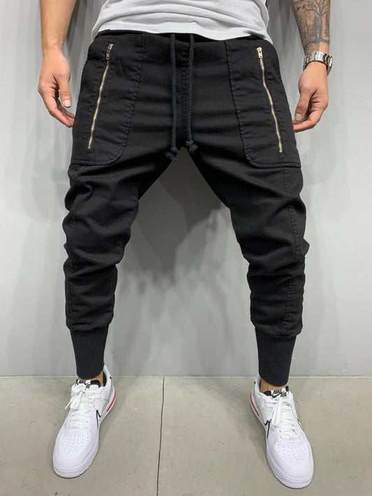 Men's Casual Sports Pants Classic 3D Zipper Patch Pocket Drawstring Elastic Cuff Pants Trendy Men