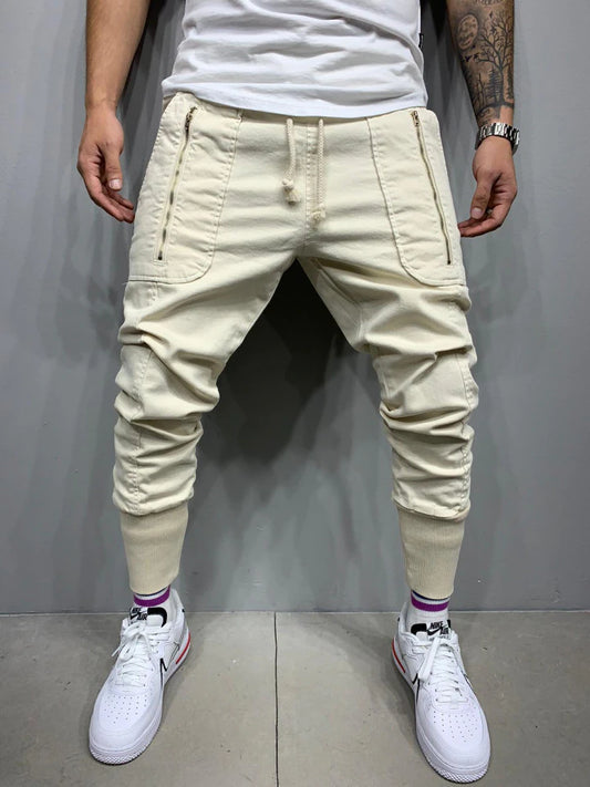Men's Casual Sports Pants Classic 3D Zipper Patch Pocket Drawstring Elastic Cuff Pants Trendy Men