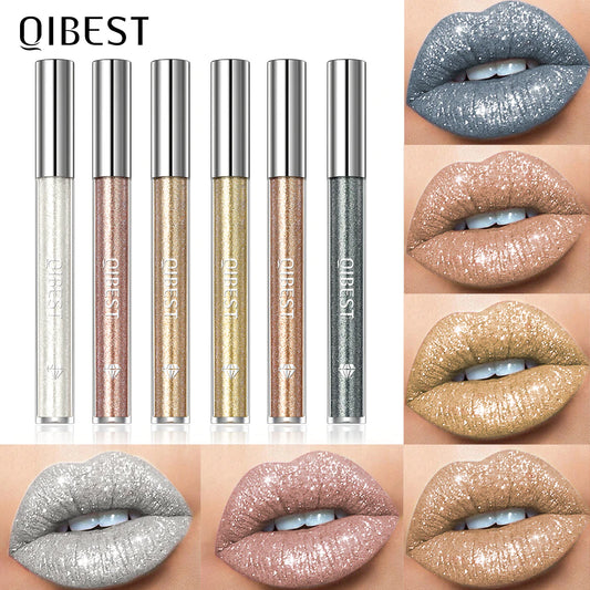 QIBEST Diamond Liquid Lipstick Lip Tint 6 Colors Moisturizing Long-Lasting Makeup Gray Sparkling Waterproof Lip Gloss Cosmetics